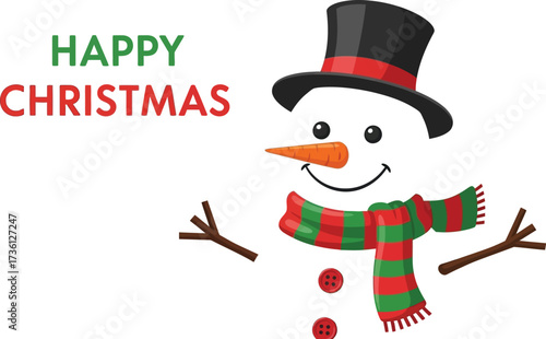 Cheerful snowman wishes happy christmas with scarf and hat