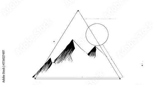 Geometric Mountain Landscape Illustration with Sun in Minimalist Black and White Line Art Style, Abstract Nature Design