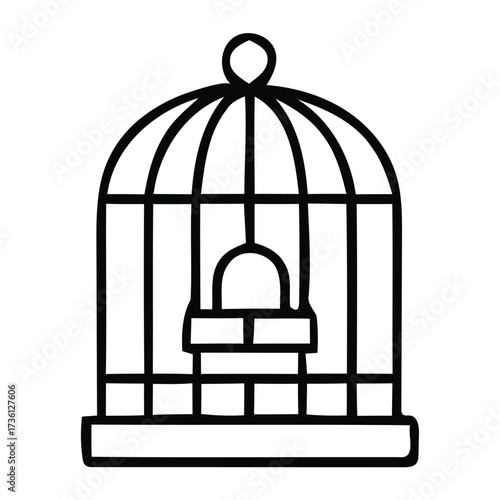 Simple Black Line Art Drawing of an Empty Bird Cage on White Background vector illustration