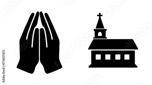Praying hands and church building icon set. Religious symbols of faith, spirituality, and worship, black silhouette vector graphics.