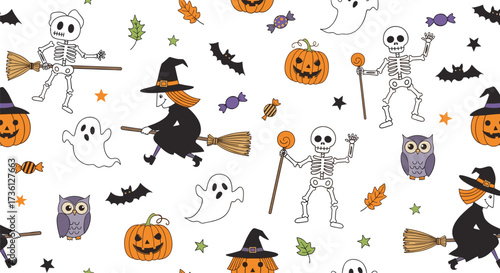 A spooky and fun halloween pattern with ghosts skeletons witches pumpkins and bats.