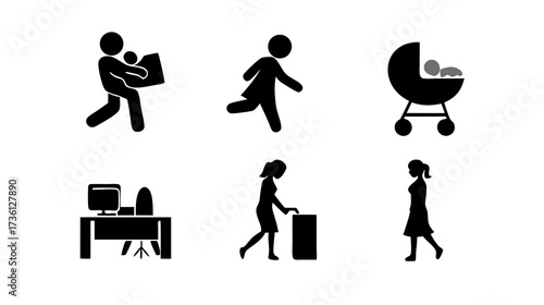 Diverse black stick figure icons: family, parenting, pregnancy, baby, office work, and daily life silhouettes vector set.
