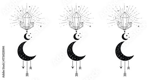 Celestial moon phases with starburst and mystical symbols.