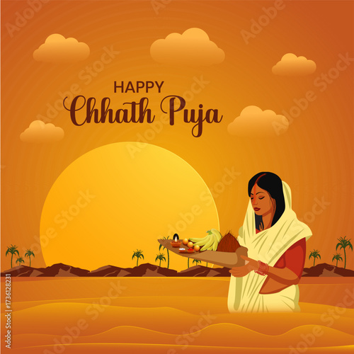 Happy Chhath Puja with Indian woman standing in river holding full worship soop,  beautiful background design, Vector Illustration.