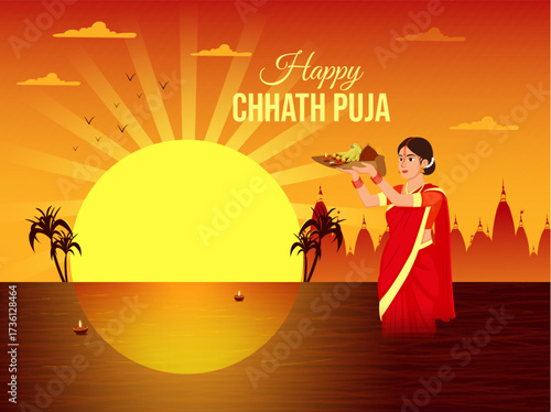 Happy Chhath Puja with Indian woman standing in river holding full worship soop,  beautiful sunrise early morning background design, Vector Illustration.