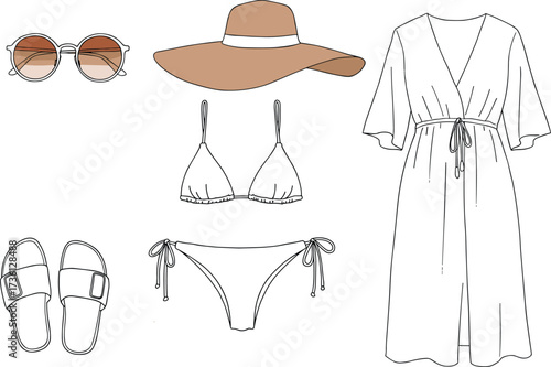 Summer beach outfit illustration, bikini with cover up, hat sunglasses sandals, fashion vacation clothes, stylish swimwear accessories vector, holiday resort wear design