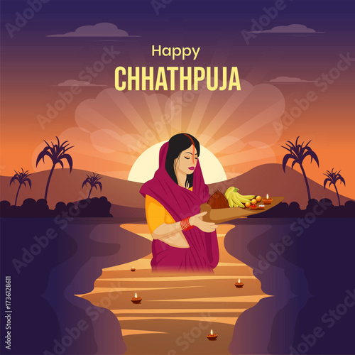 Happy Chhath Puja with Indian woman standing in river holding full worship soop,  beautiful background design, Vector Illustration.