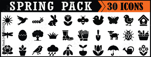 Black spring icons pack with seasonal elements.
