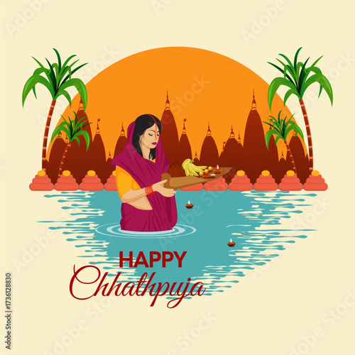 Happy Chhath Puja with Indian woman standing in river holding full worship soop, Abstract beautiful background design, Vector Illustration.