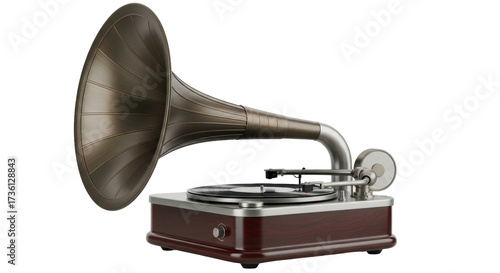 Isolated vintage phonograph with horn speaker, antique music playing device on neutral base