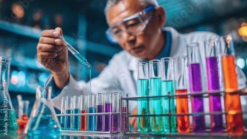 A dedicated scientist meticulously conducts experiments using colorful liquids in test tubes, showcasing the art and science of chemistry in a well-equipped laboratory.