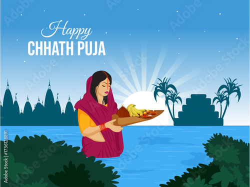 Happy Chhath Puja with Indian woman standing in river holding full worship soop,  beautiful background design, Vector Illustration.