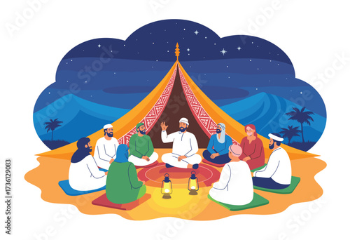 Traditional Gathering Under the Stars: A Diverse Group Sharing Stories Around a Tent with Lanterns in the Middle Eastern Desert Night