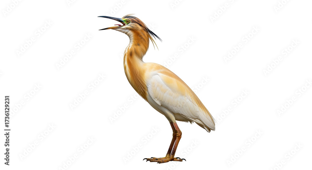 Obraz premium Isolated Squacco Heron on its Feet, a Wild Bird with Brown and White Feathers Standing Up