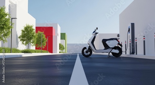 Urban Mobility: Sleek Electric Scooter at Charging Station