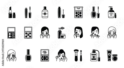 Black and white icons of various makeup products
