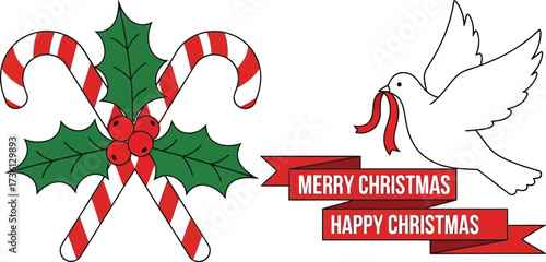 Festive christmas candy canes and dove with holiday greetings