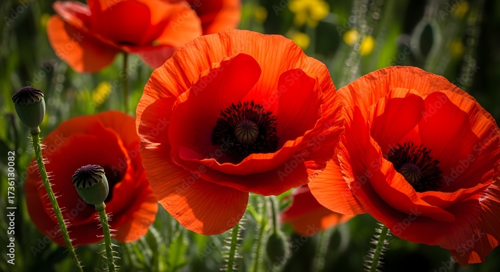 Obraz premium Vibrant Red Poppy Flowers in a Sunny Field.