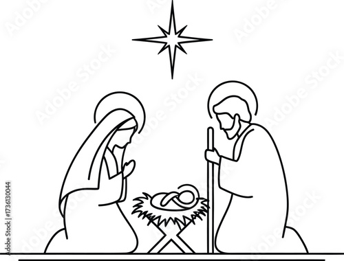 Simple line art nativity scene with mary joseph and jesus
