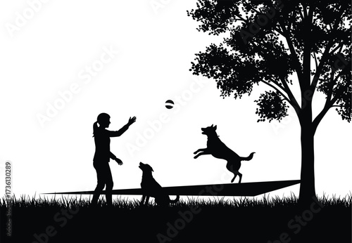 Woman playing with dogs silhouette, black and white vector, outdoor scene, park illustration, pets and owner, ball game, animal design clipart