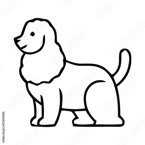 Simple line art drawing of a fluffy dog standing in profile. Including dog, canine, pet, animal, mammal, vector illustration. 