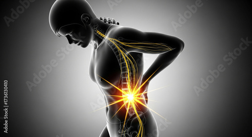 3D medical illustration of a woman with acute lower back pain. The nervous system and spine are visible with a glowing hotspot highlighting the source of the injury and ache.
