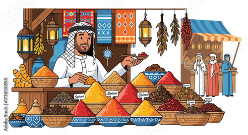 Colorful Spice Market Scene: Middle Eastern Vendor Displaying Various Spices with Customers and Decorative Elements in Traditional Market Setting. Authentic Arab Bazaar