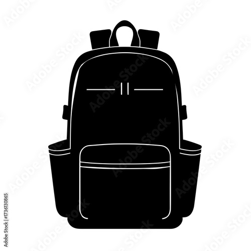 Minimalist black silhouette of a travel backpack with functional design elements