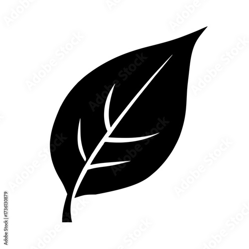 Minimalist black silhouette of a leaf with visible veins on a white background