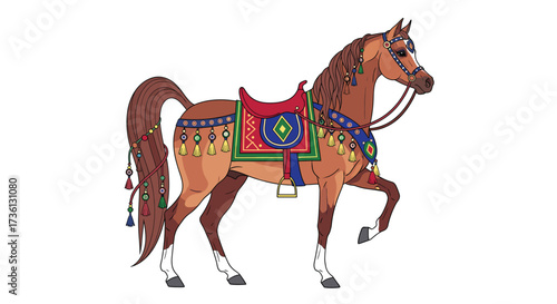 Elegantly Decorated Arabian Horse with Ornate Saddle and Bridle, Depicting Traditional Equestrian Style on a Clean White Background for Digital Art.