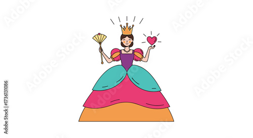A magical queen holds a golden scepter and a glowing heart.
