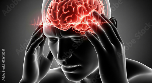 Medical 3D illustration of a man suffering from a severe headache or migraine, with a glowing red brain indicating intense pain and neurological stress on a dark background.