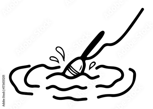 Fishing float sticking out of water. Hand drawn doodle vector. Bite signal. Seafood catch. Lake recreation. Fishing equipment. Line art illustration.