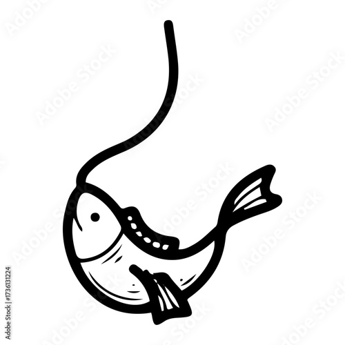 Fish on a fishing hook. Hand drawn doodle vector. Fishery. Spinning. Marine nature. Rest on a lake, river. Salmon, trout, carp, perch, tuna. Fins, scales. Illustration line art.