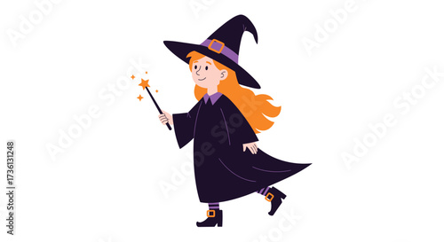 A young witch with a magic wand casts a spell on Halloween.