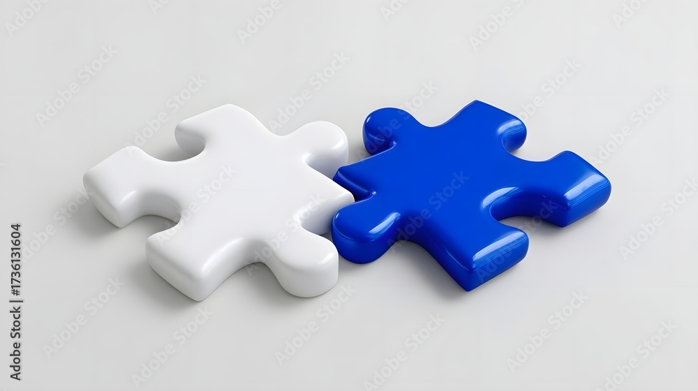 Fototapeta premium Two interlocking puzzle pieces, one white and one blue, symbolizing the concept of coope n, teamwork, and the synergy created by combining complementary elements to achieve a successful solution.