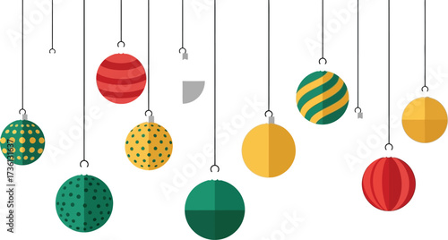 Colorful christmas ornaments hanging against a white backdrop
