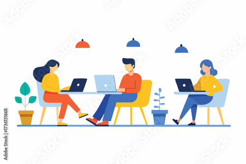 Flat vector illustration of people working on laptops in an open space