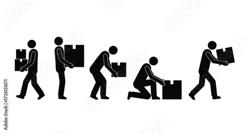 Stick figure lifting and carrying boxes