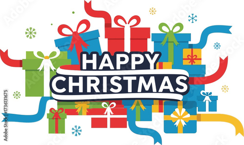 Colorful christmas presents with ribbons and snowflakes art