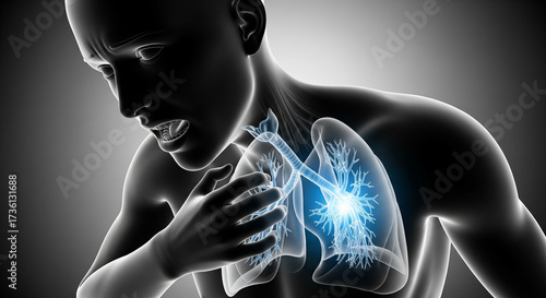3D medical illustration of a man clutching his chest in pain, with a transparent view of the lungs showing a glowing blue hotspot indicating a respiratory disease, infection, or asthma.