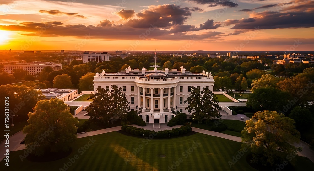 Fototapeta premium The White House at Sunset with Dramatic Clouds and Golden Light Washington DC twilight