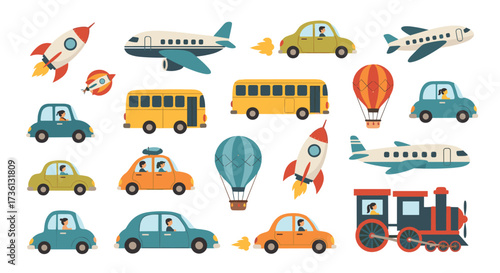 A collection of diverse vehicles and modes of transportation for children.