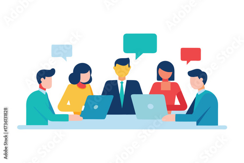 Diverse team of professionals collaborating with laptops and speech bubbles brainstorming ideas