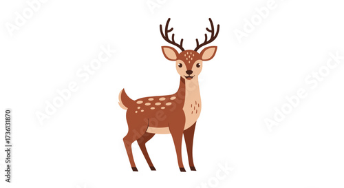 A charming deer with antlers stands tall and looks forward happily.