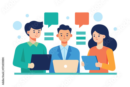Diverse team collaborating with technology and exchanging ideas through speech bubbles