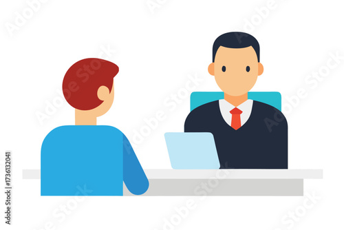 Stylized job interview scene illustration, depicting a meeting with a potential candidate