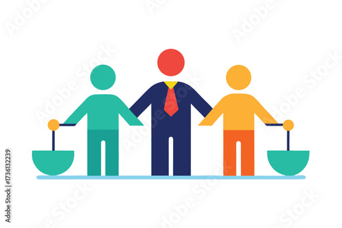 Conceptual illustration representing negotiation, balance, teamwork and leadership in business matters