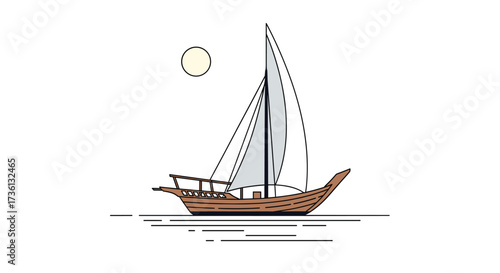 Sailing Vessel Under the Sun: A Clean, Minimalist Illustration of a Wooden Sailboat on Water with a White Background, Perfect for Designs.