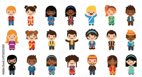 A diverse group of children in traditional clothing from around the world.